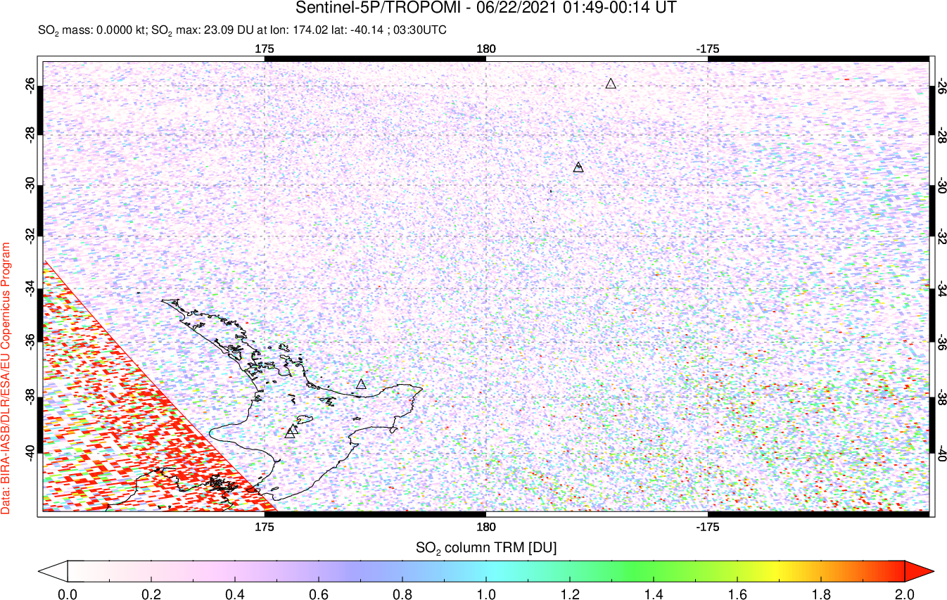 A sulfur dioxide image over New Zealand on Jun 22, 2021.