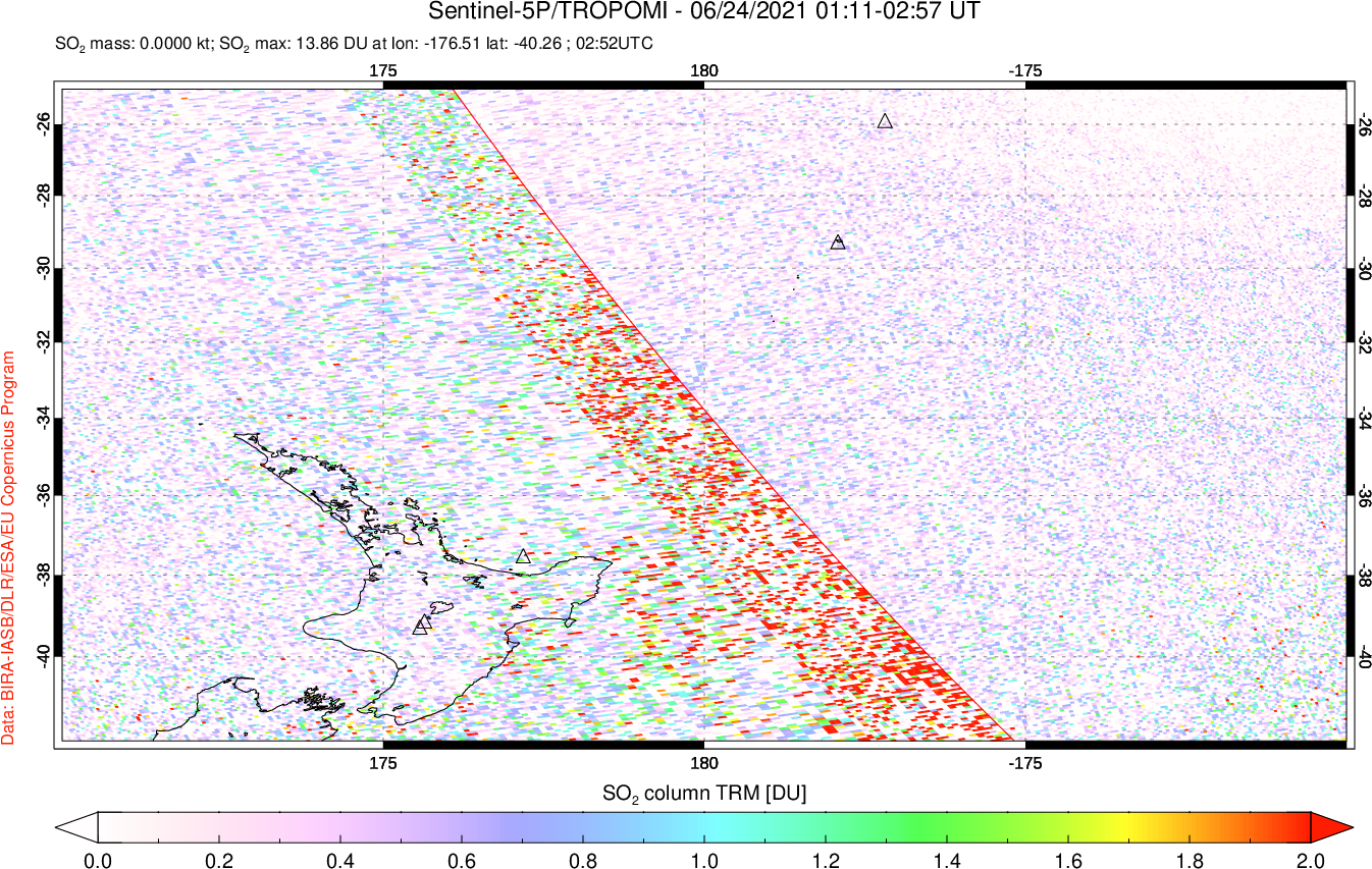 A sulfur dioxide image over New Zealand on Jun 24, 2021.