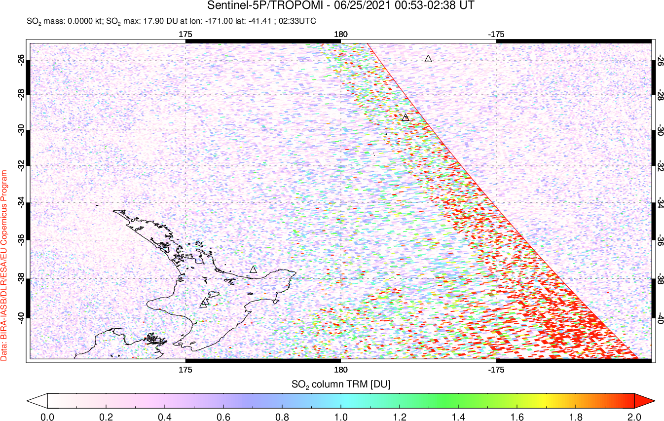 A sulfur dioxide image over New Zealand on Jun 25, 2021.