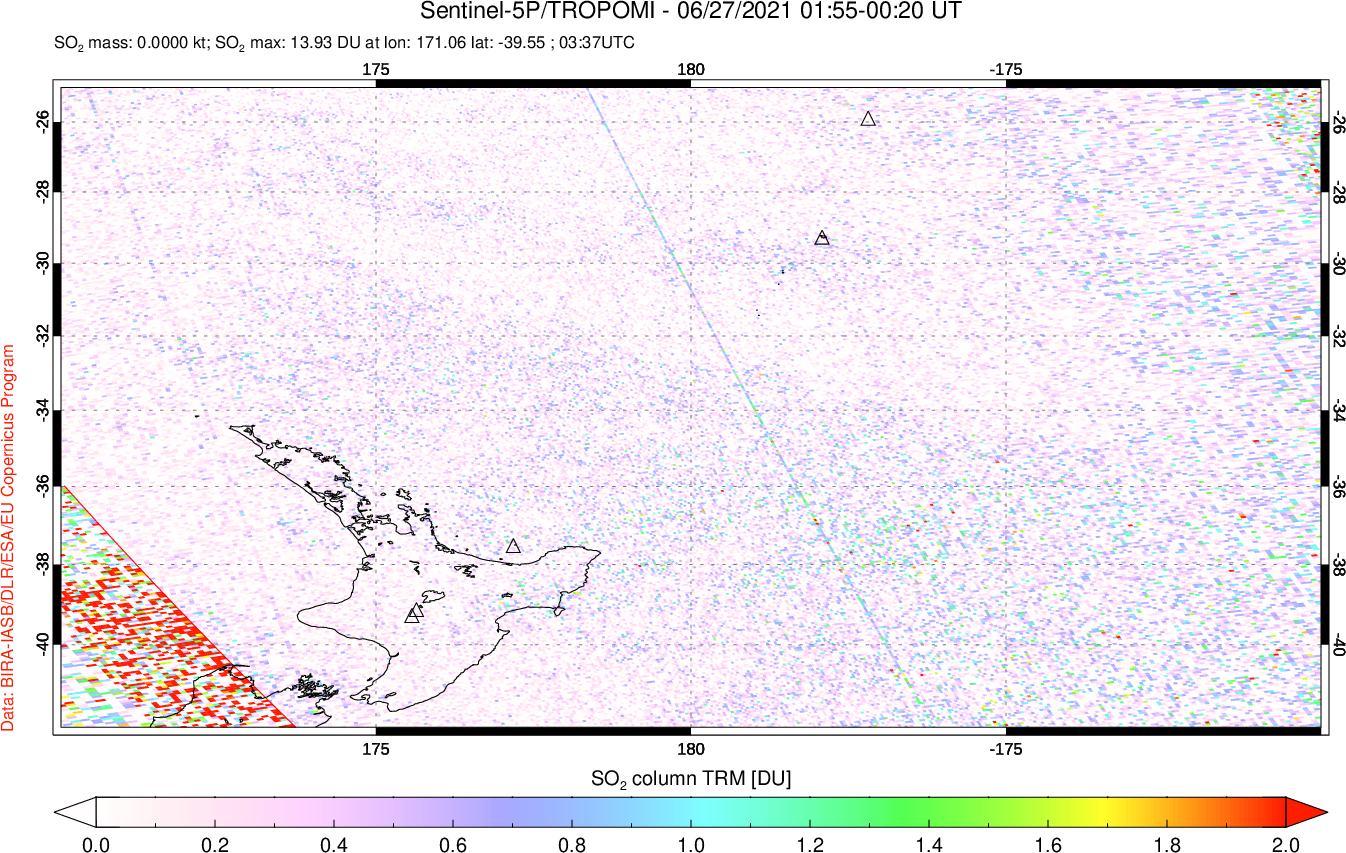 A sulfur dioxide image over New Zealand on Jun 27, 2021.
