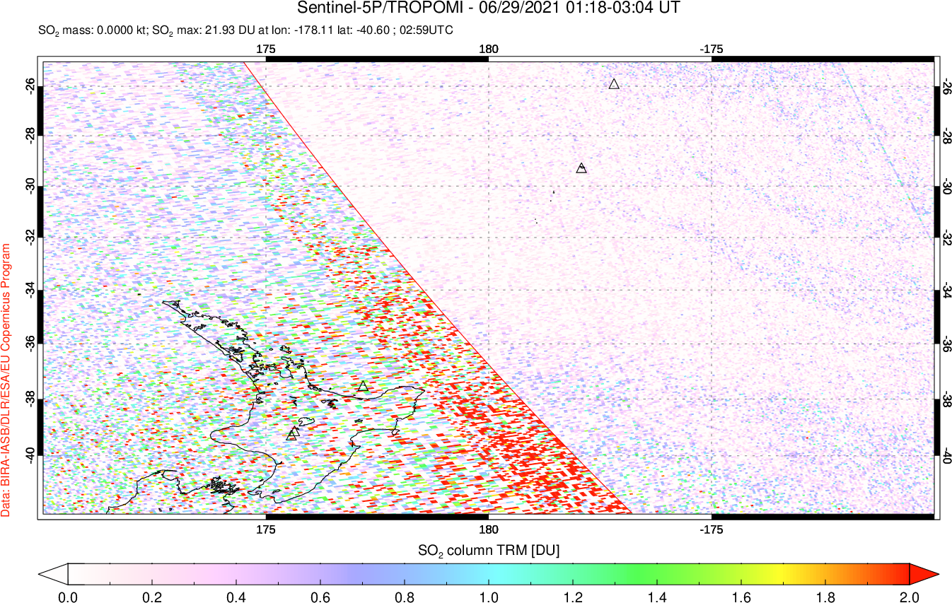A sulfur dioxide image over New Zealand on Jun 29, 2021.
