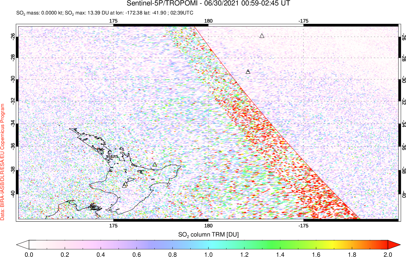 A sulfur dioxide image over New Zealand on Jun 30, 2021.