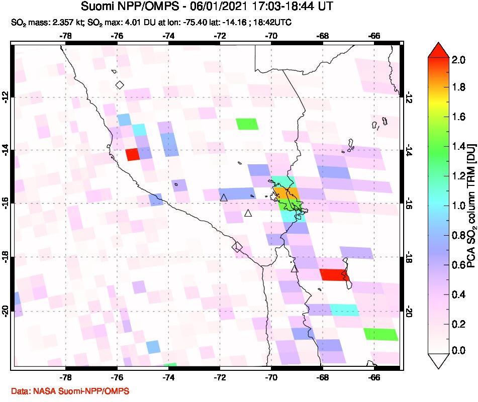 A sulfur dioxide image over Peru on Jun 01, 2021.