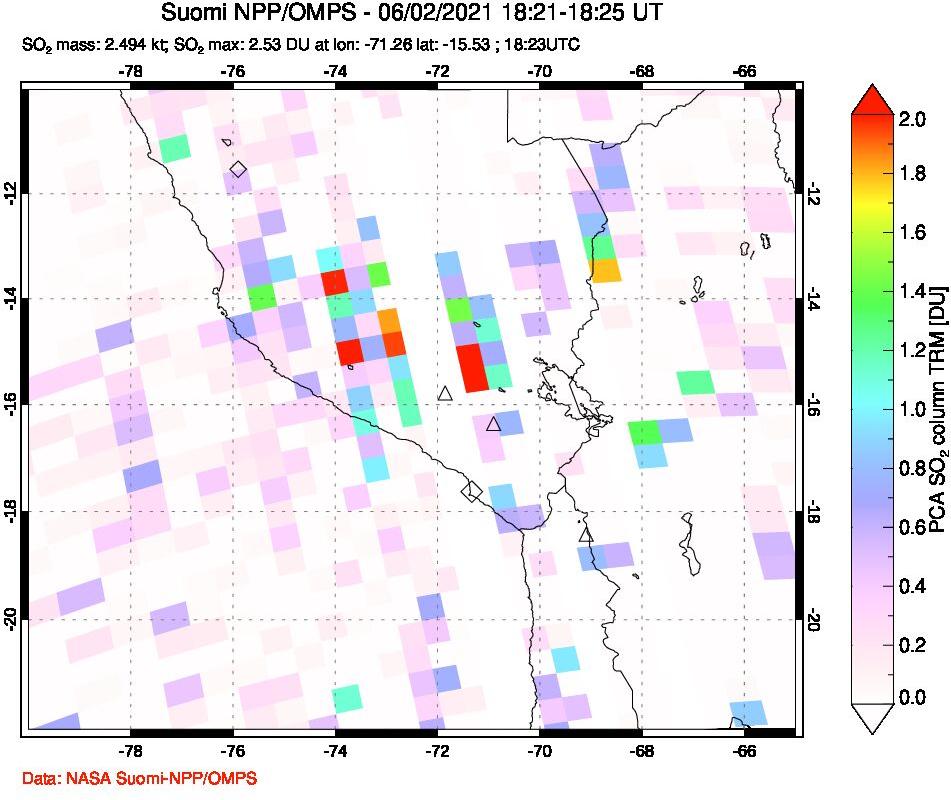 A sulfur dioxide image over Peru on Jun 02, 2021.