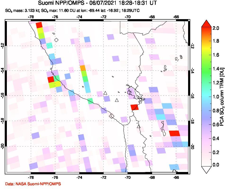 A sulfur dioxide image over Peru on Jun 07, 2021.