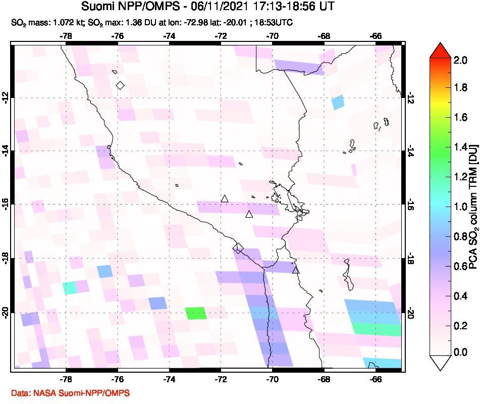 A sulfur dioxide image over Peru on Jun 11, 2021.