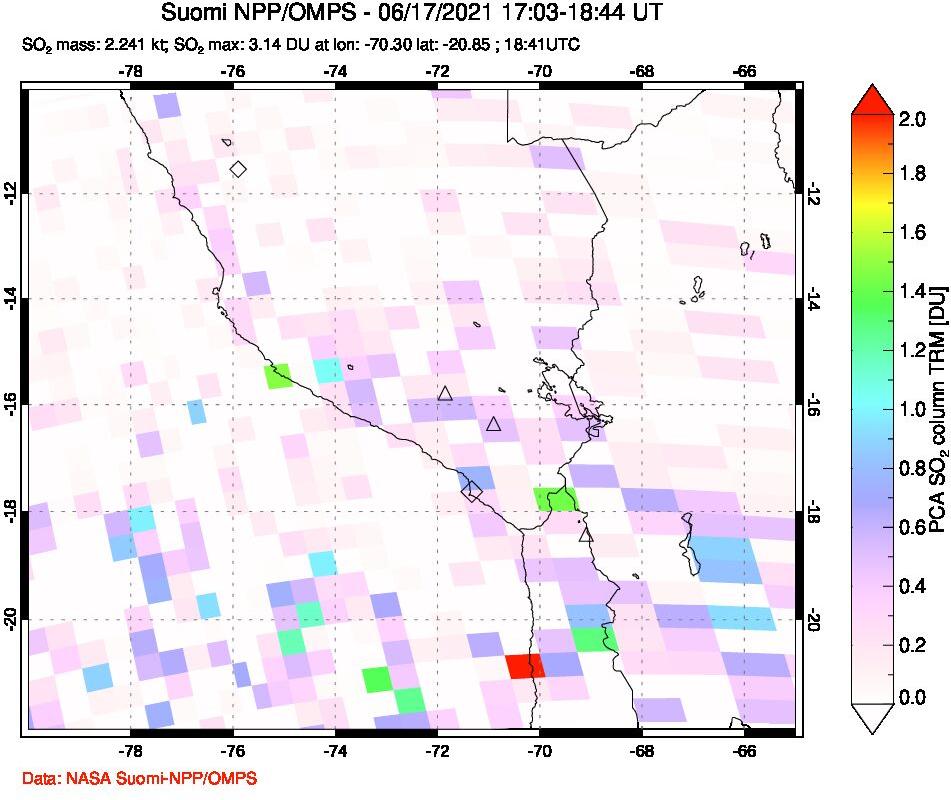 A sulfur dioxide image over Peru on Jun 17, 2021.