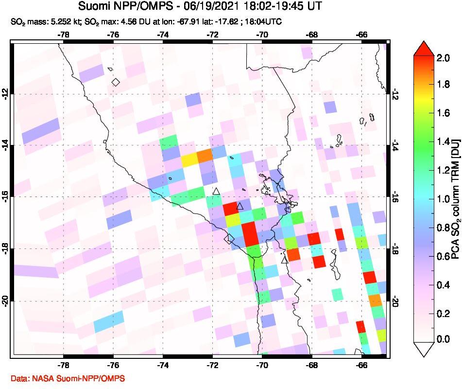 A sulfur dioxide image over Peru on Jun 19, 2021.