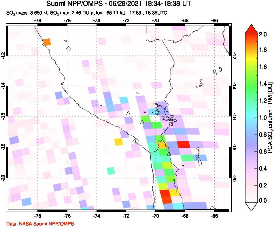 A sulfur dioxide image over Peru on Jun 28, 2021.