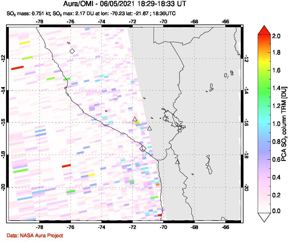 A sulfur dioxide image over Peru on Jun 05, 2021.
