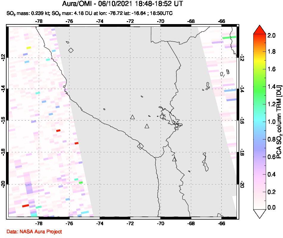 A sulfur dioxide image over Peru on Jun 10, 2021.