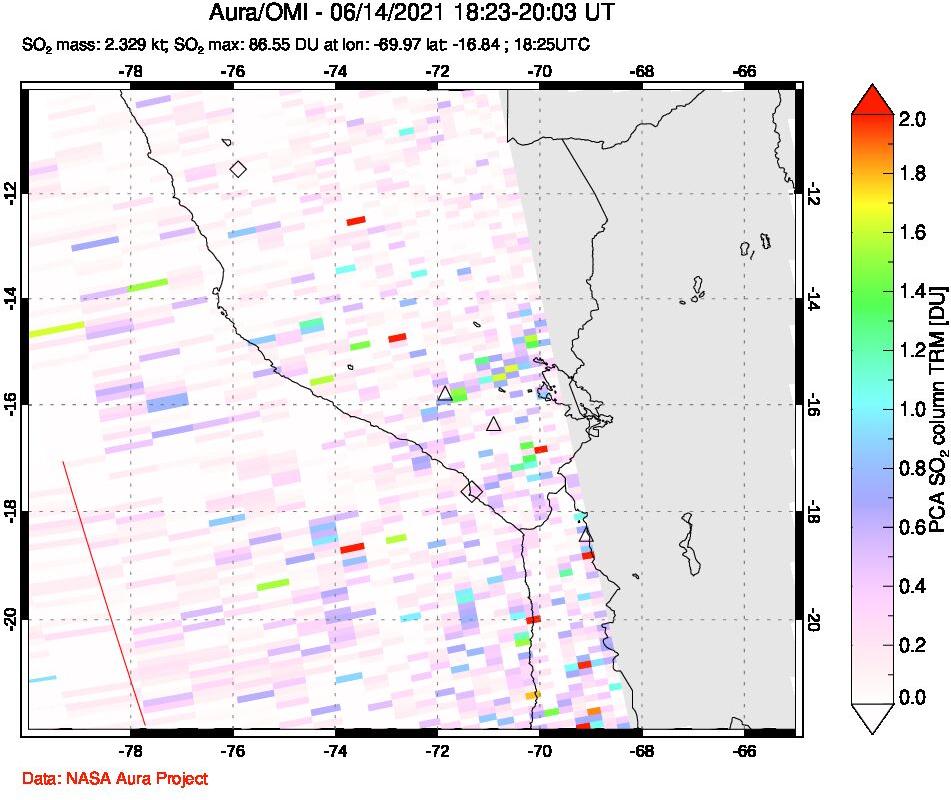 A sulfur dioxide image over Peru on Jun 14, 2021.