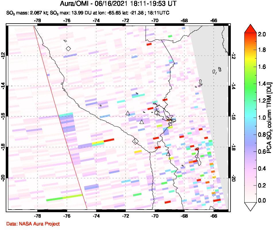 A sulfur dioxide image over Peru on Jun 16, 2021.