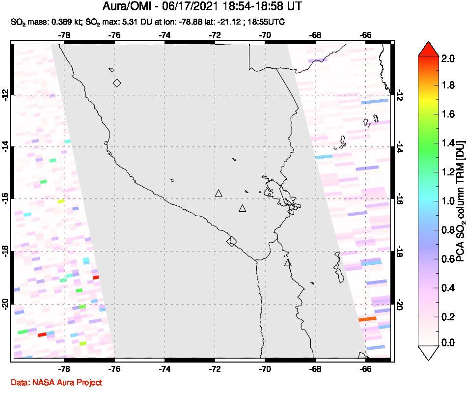A sulfur dioxide image over Peru on Jun 17, 2021.
