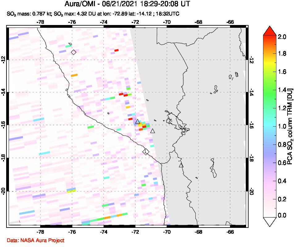 A sulfur dioxide image over Peru on Jun 21, 2021.