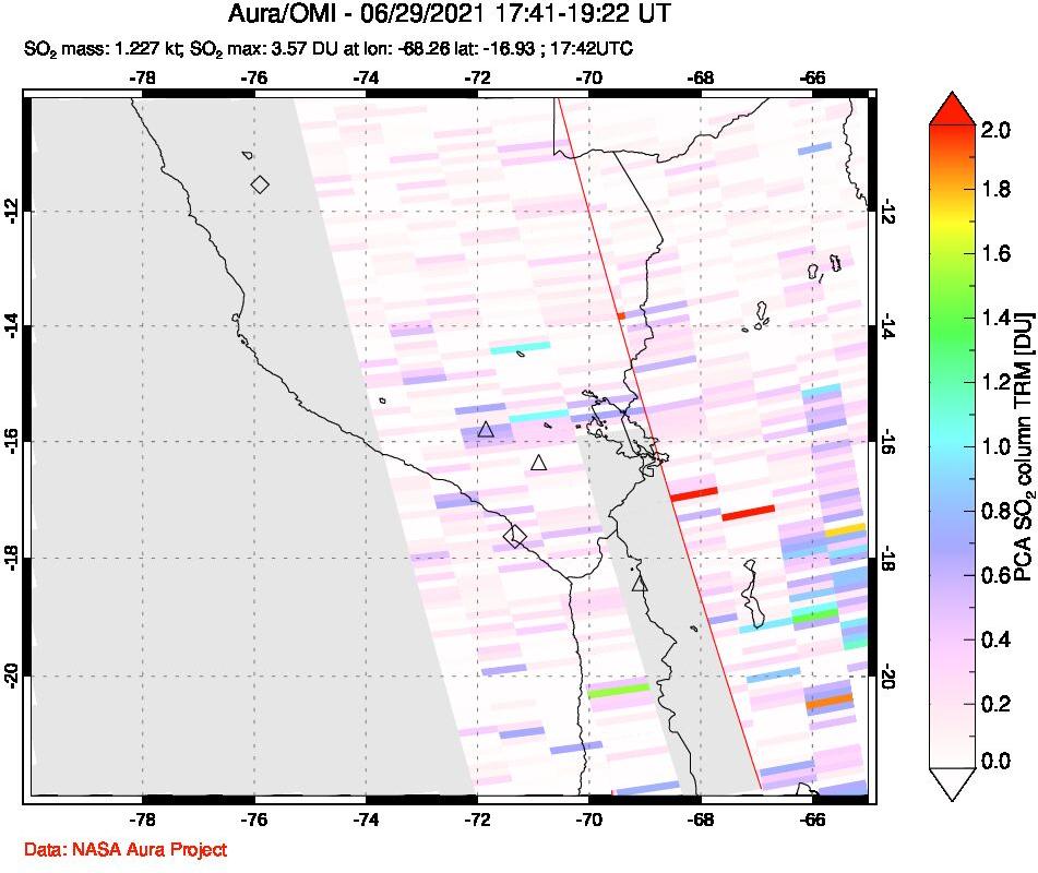 A sulfur dioxide image over Peru on Jun 29, 2021.