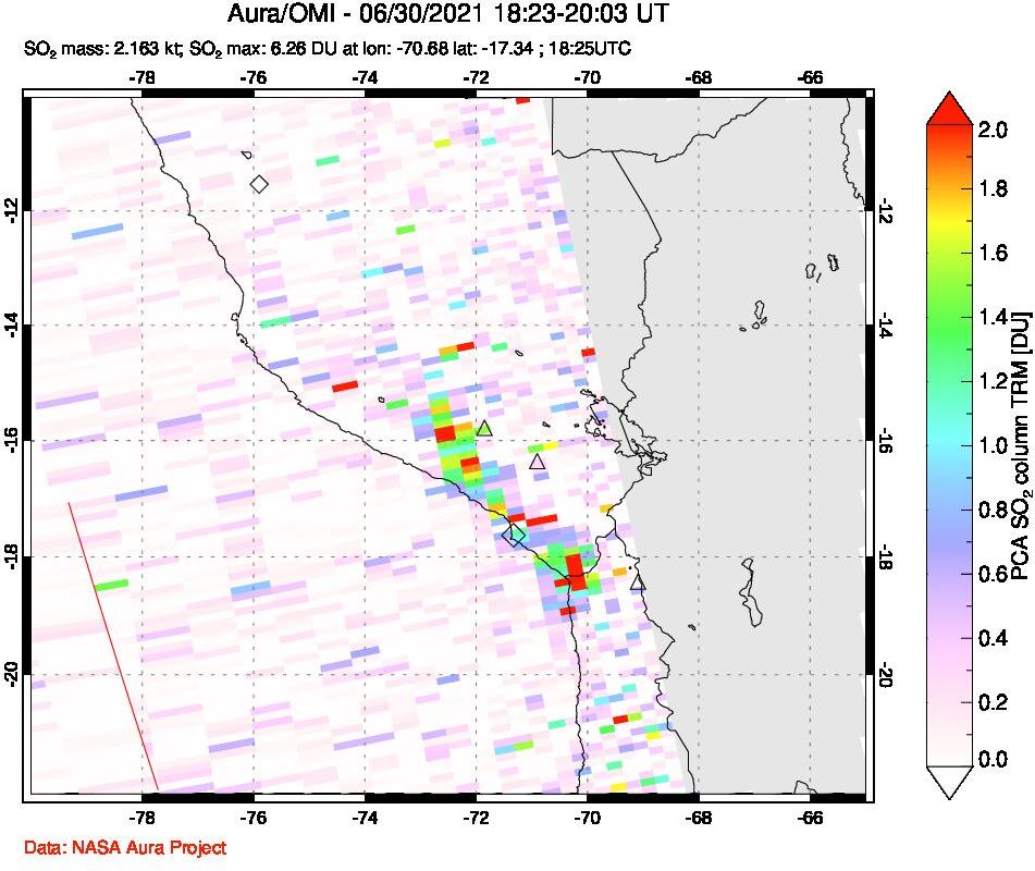A sulfur dioxide image over Peru on Jun 30, 2021.