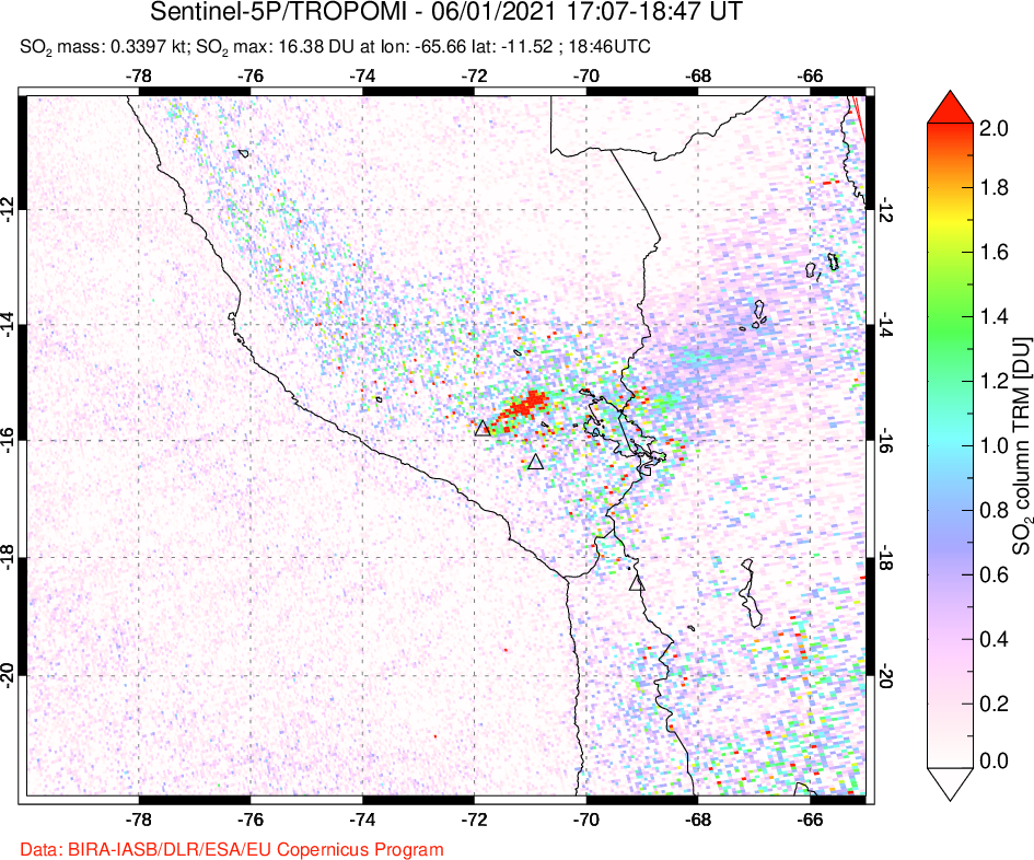 A sulfur dioxide image over Peru on Jun 01, 2021.