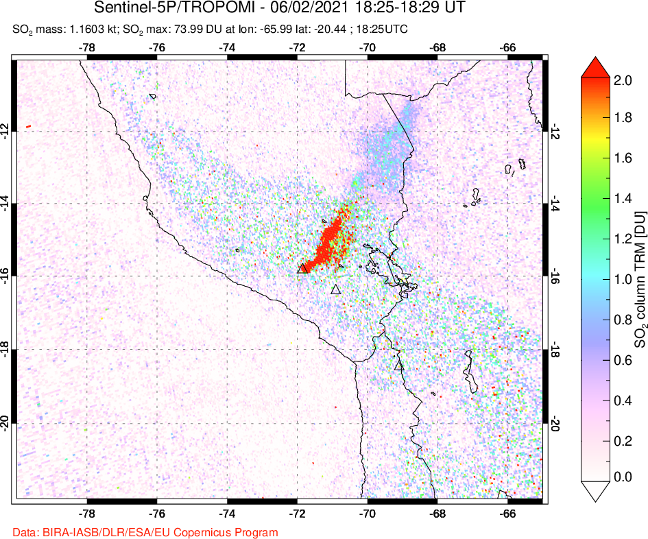 A sulfur dioxide image over Peru on Jun 02, 2021.