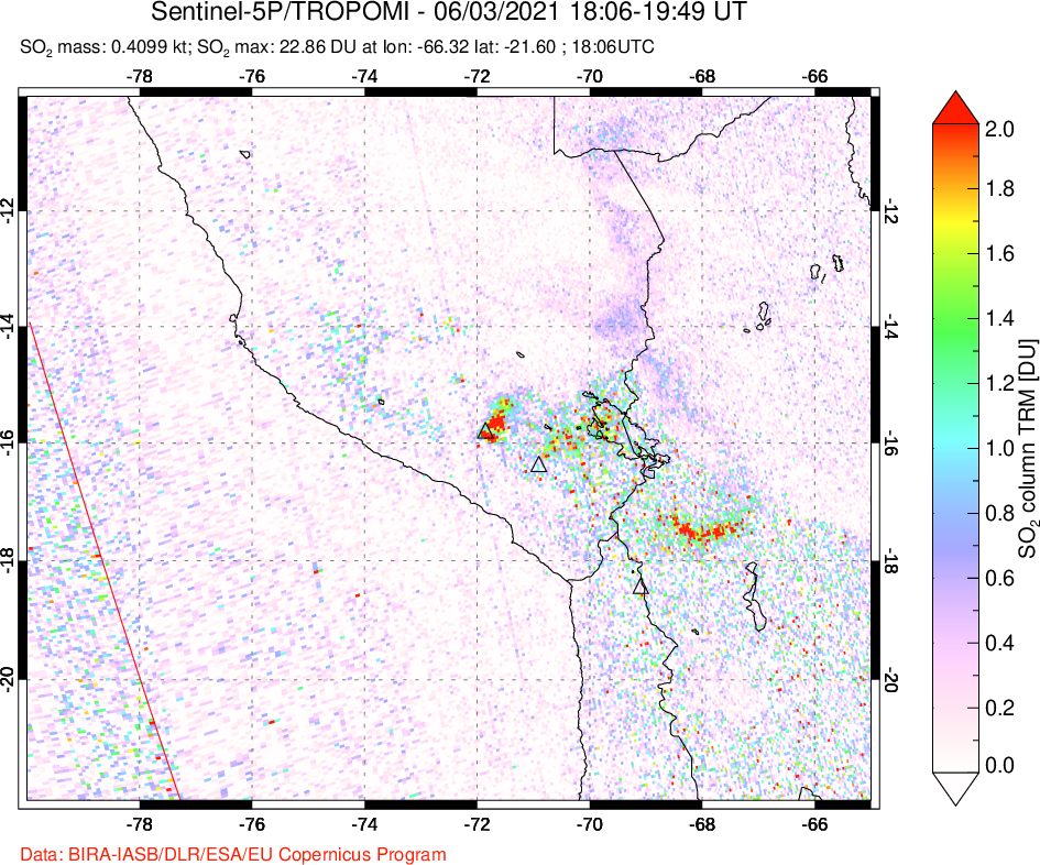 A sulfur dioxide image over Peru on Jun 03, 2021.