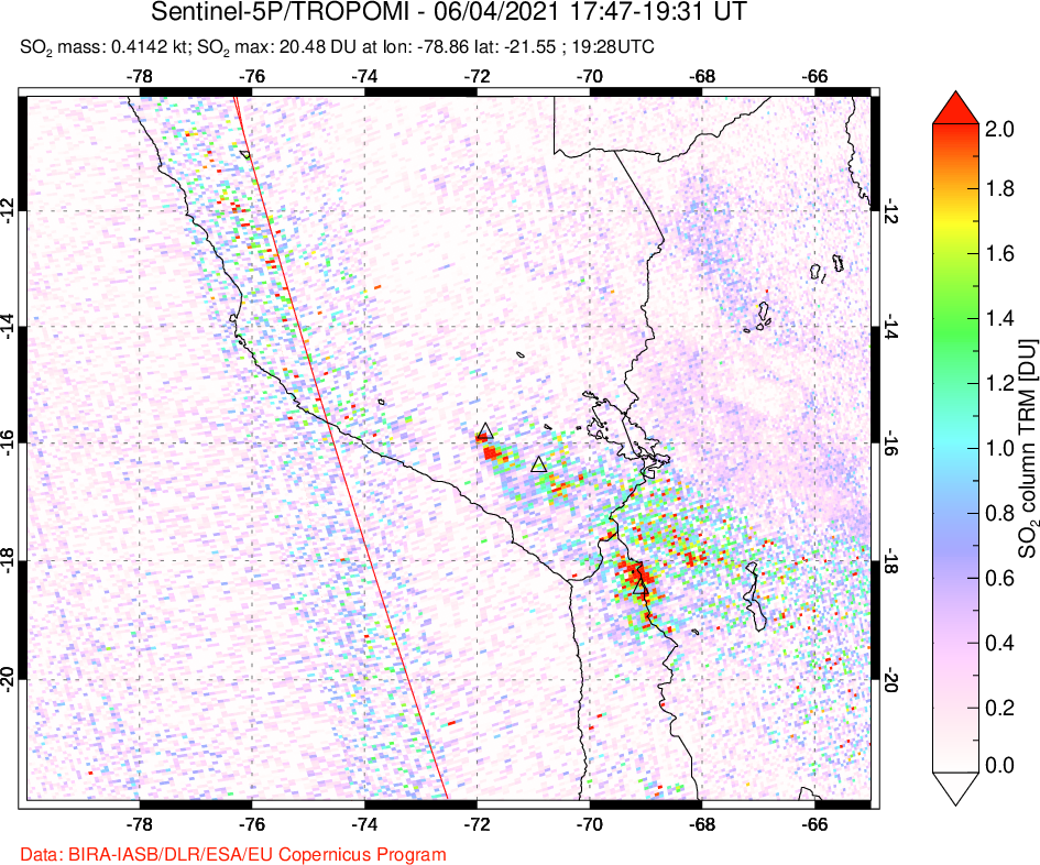 A sulfur dioxide image over Peru on Jun 04, 2021.