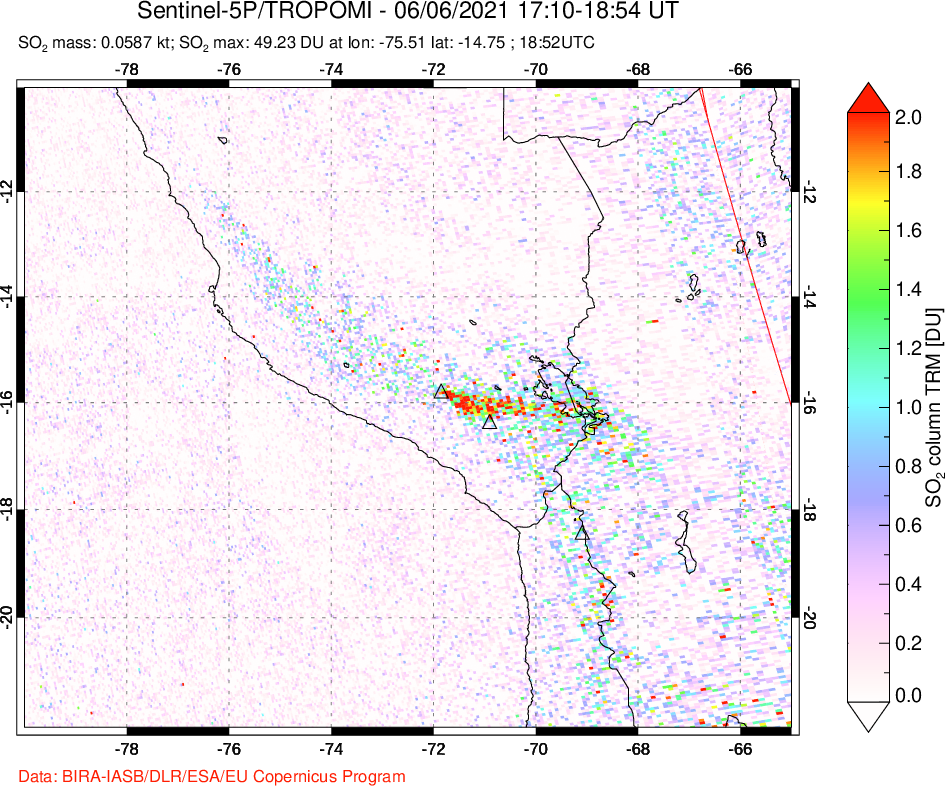 A sulfur dioxide image over Peru on Jun 06, 2021.