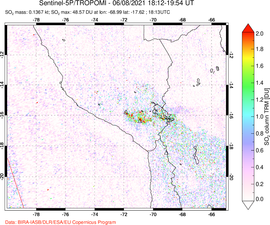 A sulfur dioxide image over Peru on Jun 08, 2021.