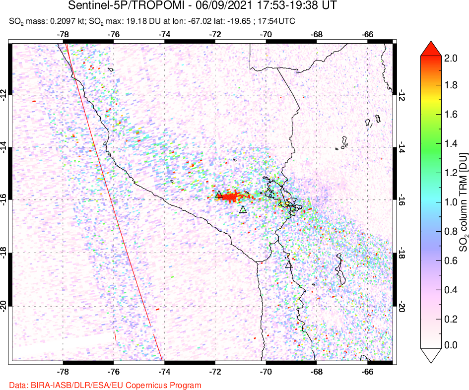 A sulfur dioxide image over Peru on Jun 09, 2021.