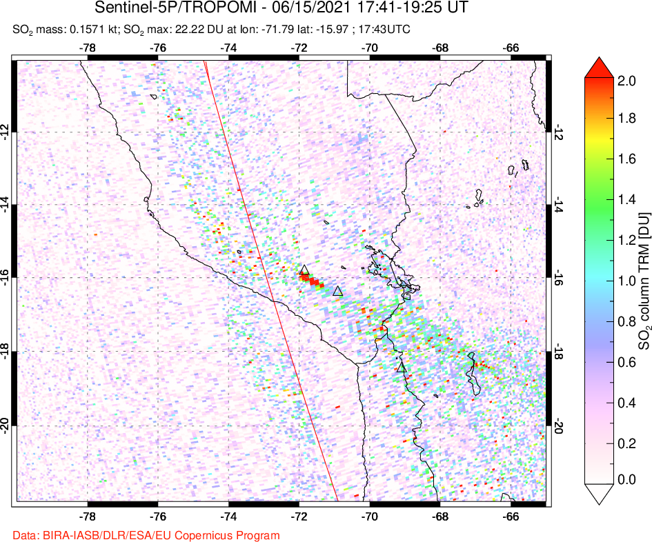 A sulfur dioxide image over Peru on Jun 15, 2021.