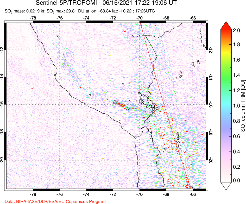 A sulfur dioxide image over Peru on Jun 16, 2021.