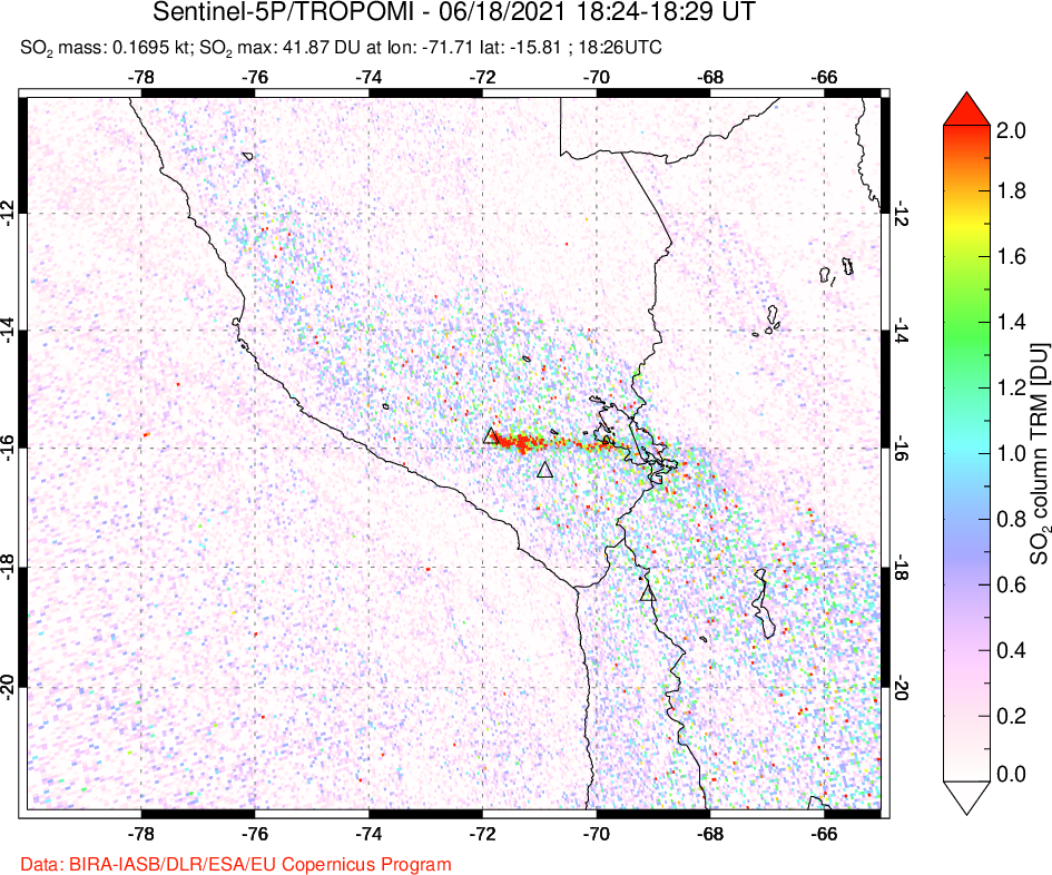 A sulfur dioxide image over Peru on Jun 18, 2021.