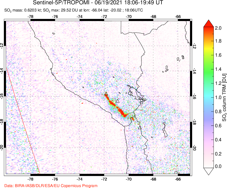 A sulfur dioxide image over Peru on Jun 19, 2021.