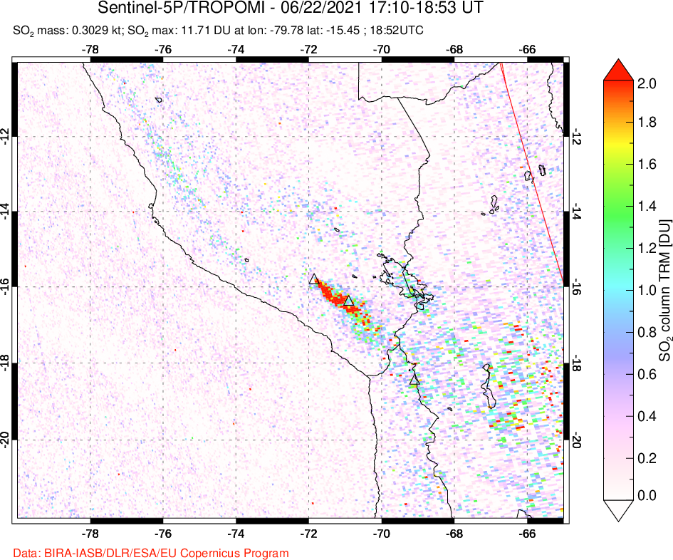 A sulfur dioxide image over Peru on Jun 22, 2021.