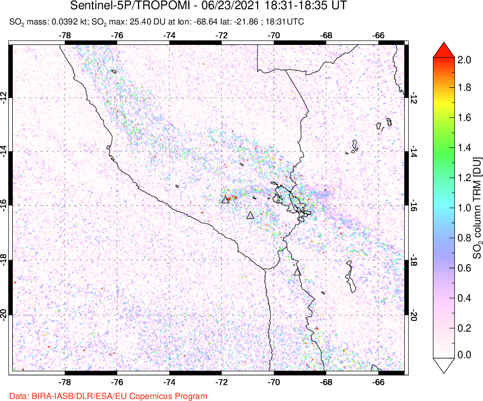 A sulfur dioxide image over Peru on Jun 23, 2021.