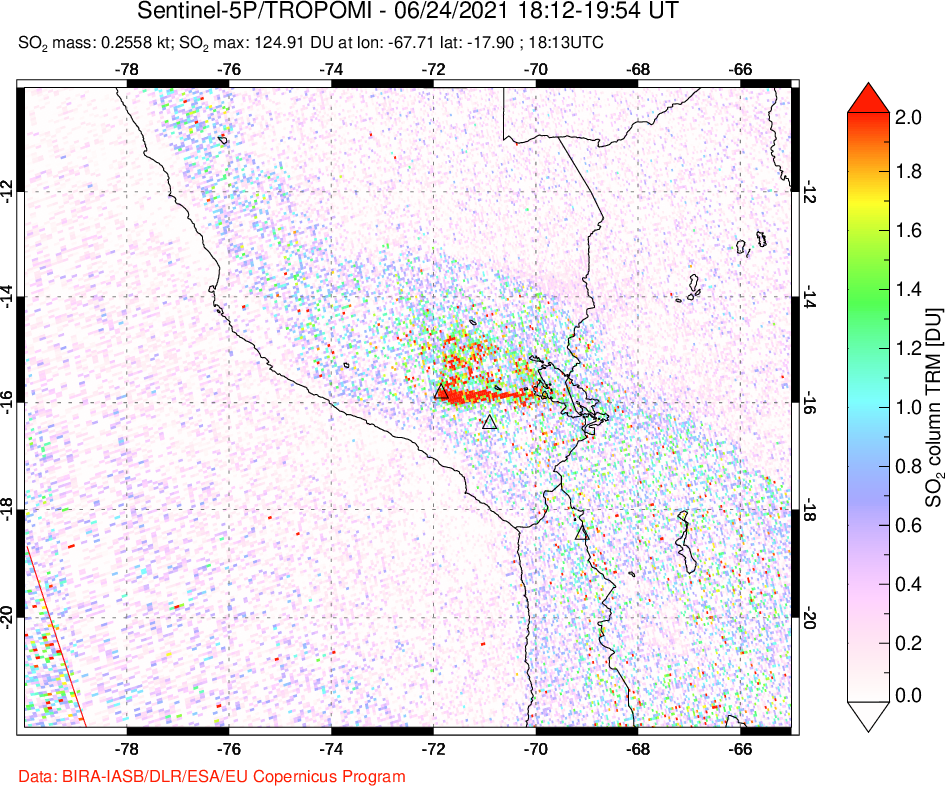 A sulfur dioxide image over Peru on Jun 24, 2021.