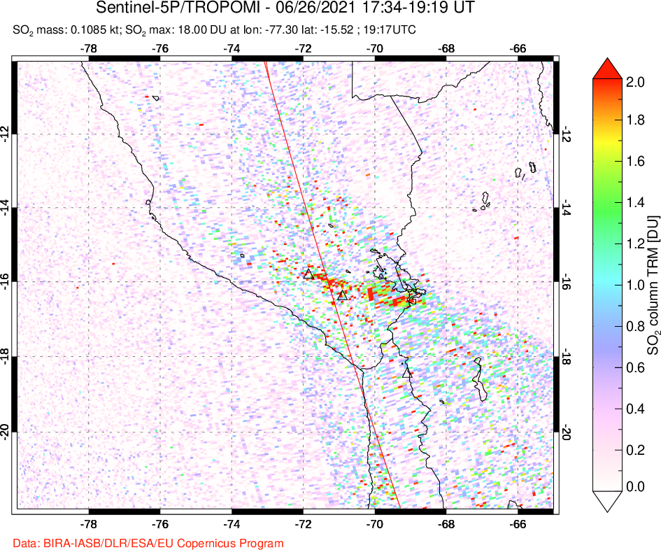 A sulfur dioxide image over Peru on Jun 26, 2021.