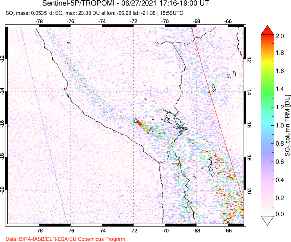 A sulfur dioxide image over Peru on Jun 27, 2021.