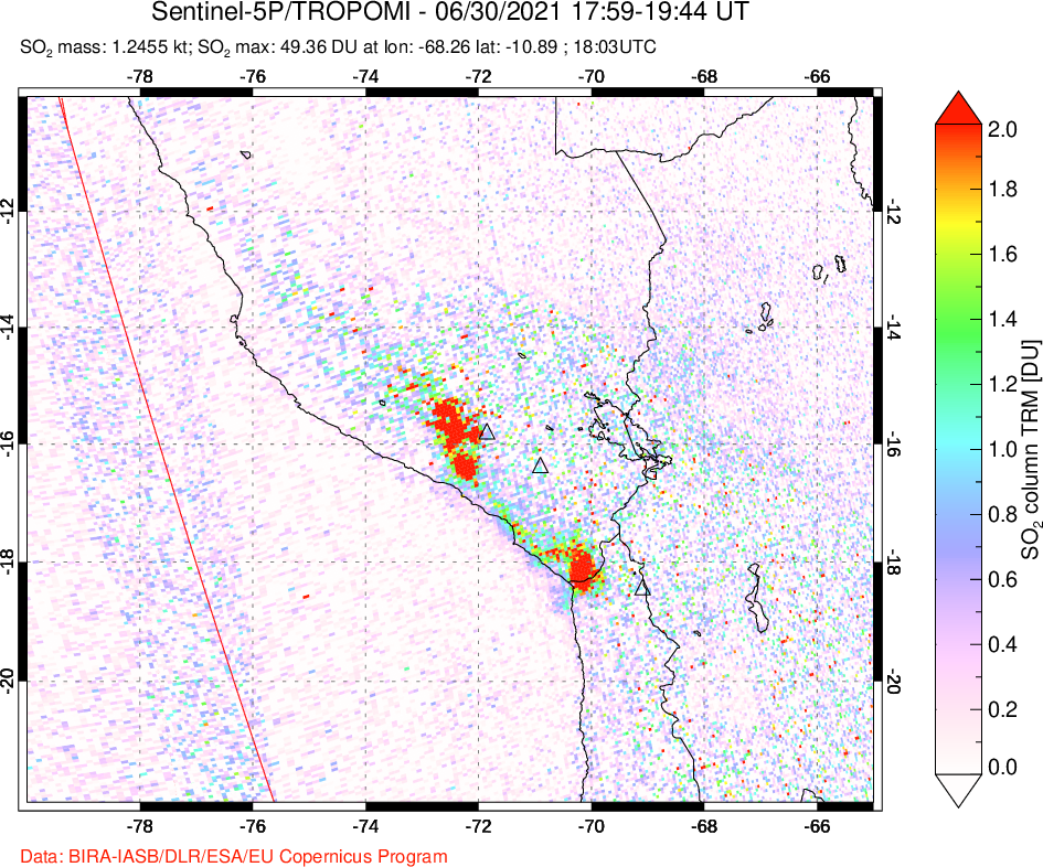 A sulfur dioxide image over Peru on Jun 30, 2021.