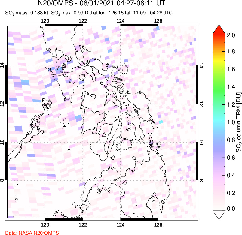 A sulfur dioxide image over Philippines on Jun 01, 2021.