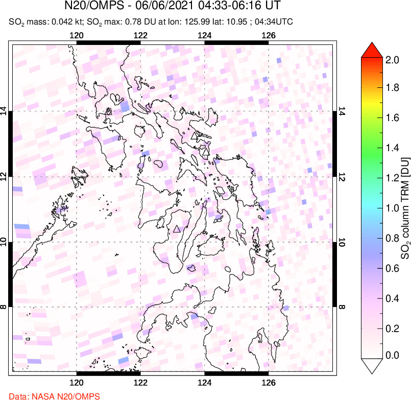 A sulfur dioxide image over Philippines on Jun 06, 2021.