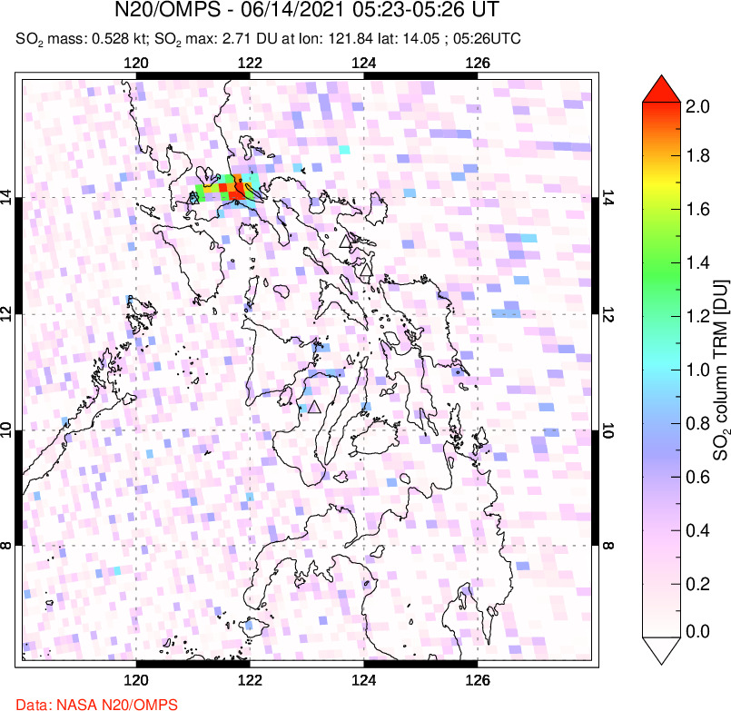 A sulfur dioxide image over Philippines on Jun 14, 2021.