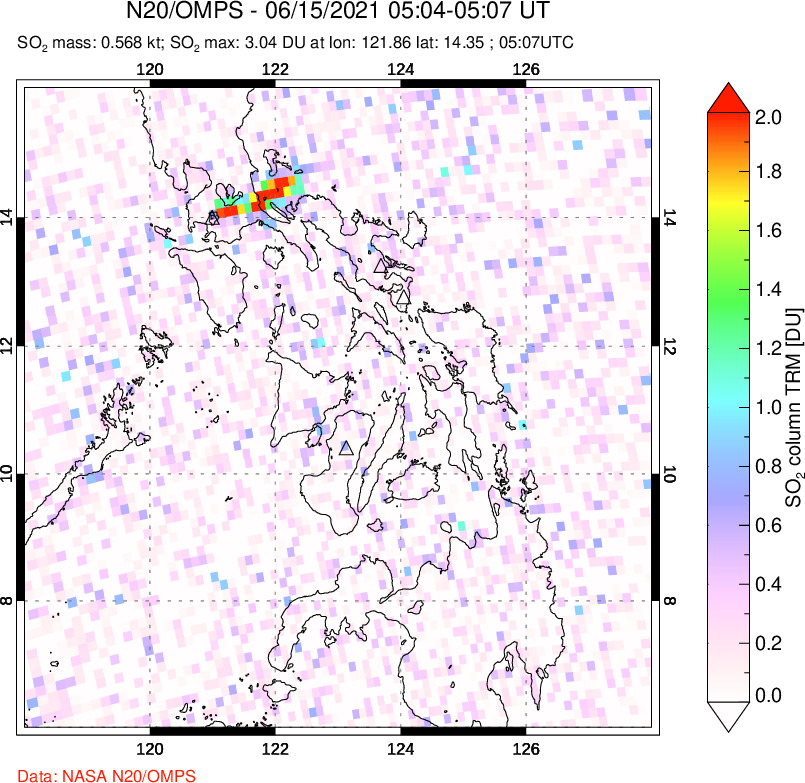 A sulfur dioxide image over Philippines on Jun 15, 2021.