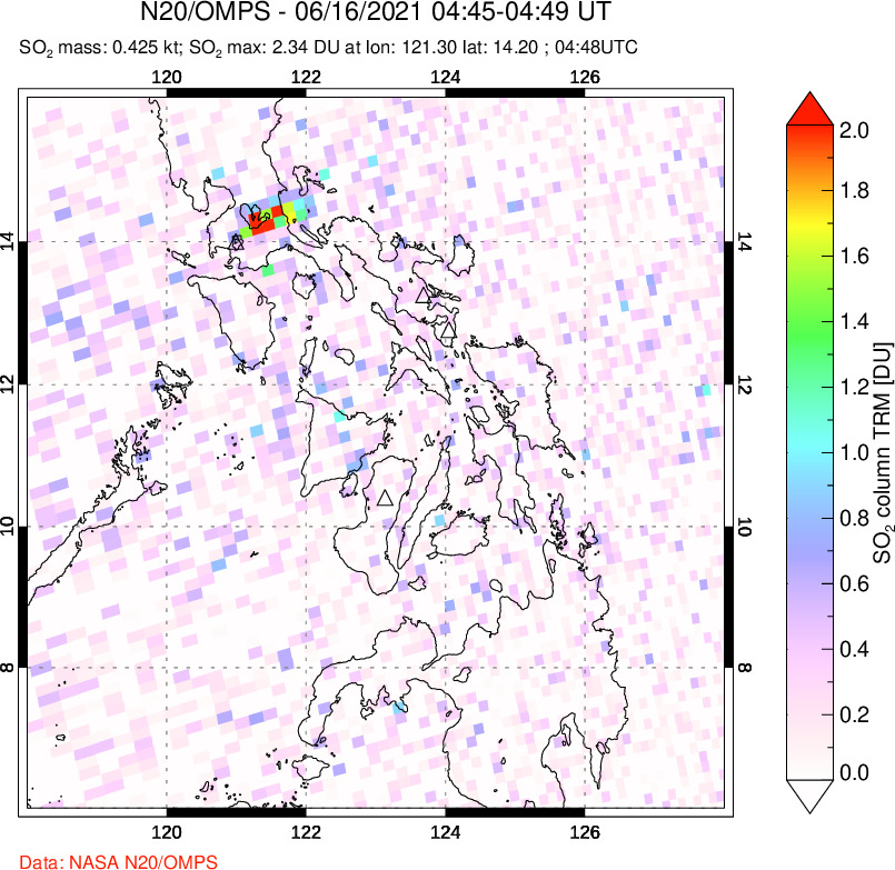 A sulfur dioxide image over Philippines on Jun 16, 2021.