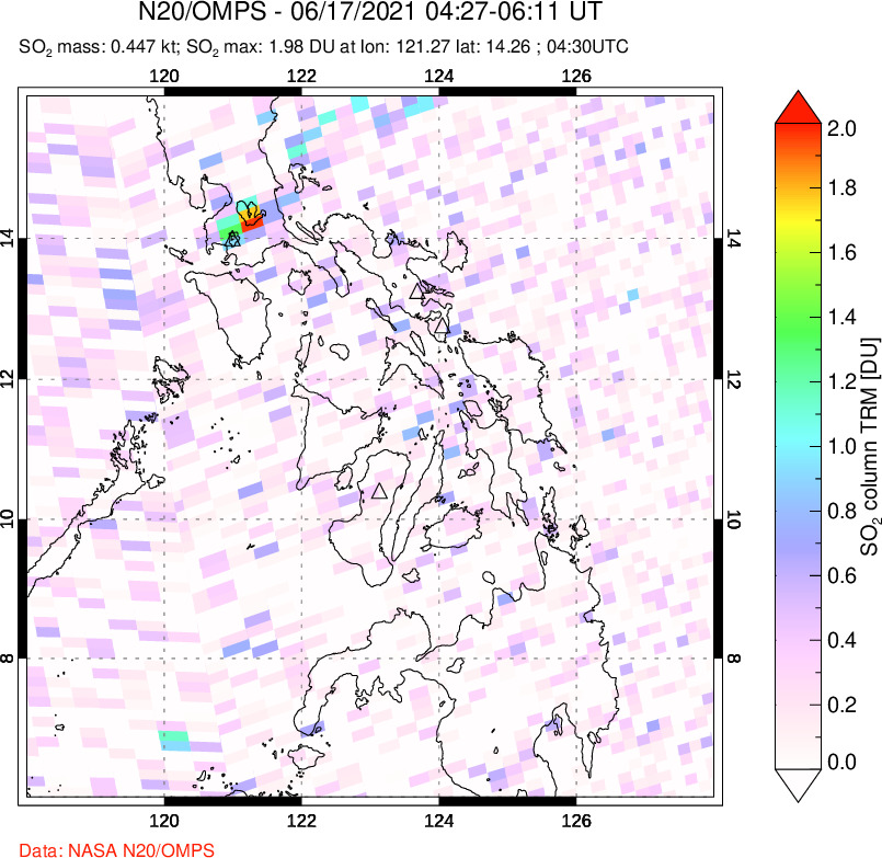 A sulfur dioxide image over Philippines on Jun 17, 2021.