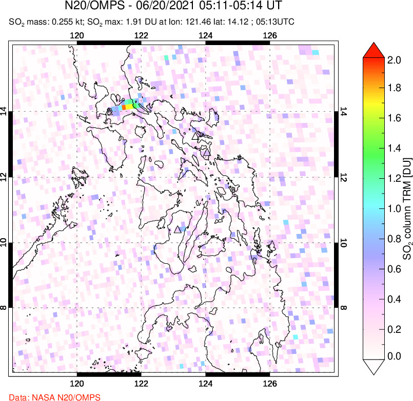 A sulfur dioxide image over Philippines on Jun 20, 2021.