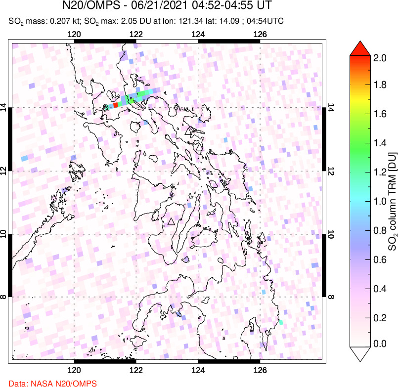 A sulfur dioxide image over Philippines on Jun 21, 2021.