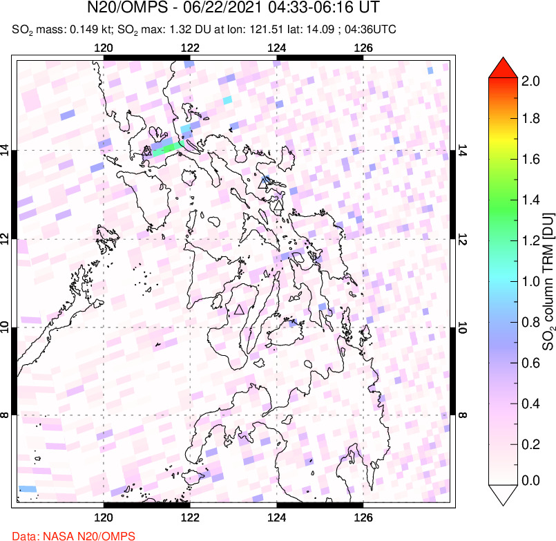 A sulfur dioxide image over Philippines on Jun 22, 2021.