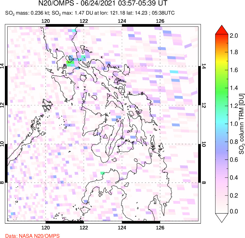 A sulfur dioxide image over Philippines on Jun 24, 2021.