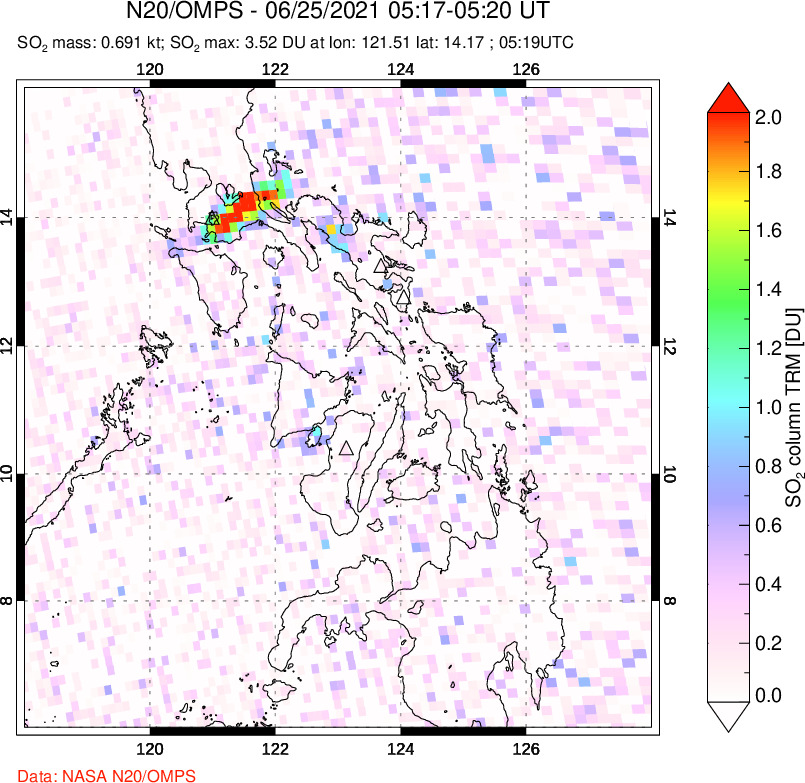 A sulfur dioxide image over Philippines on Jun 25, 2021.