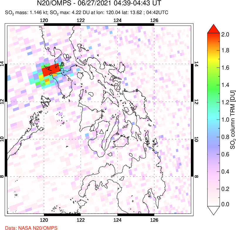 A sulfur dioxide image over Philippines on Jun 27, 2021.